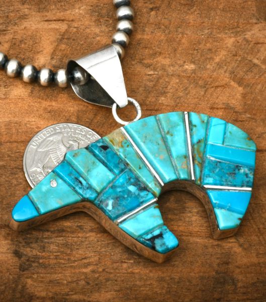 Navajo two-sided turquoise and lapis fetish-bear pendant (shown with optional 5 mm 20-inch Sterling Navajo 'pearls.' SALE PENDING #1884