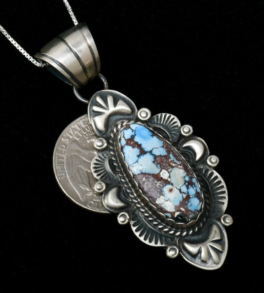 Golden Hills turquoise Navajo pendant with repousse' by Robert Shakey (includes chain). #1886