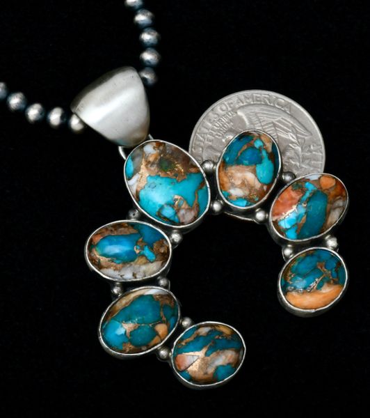 Navajo Naja with turquoise; spiney-oyster shell and bronze 'stones,' by Elouise Richards. #1892. Shown with optional 4mm, 16-inch burnished Sterling Navajo 'pearl' beads.