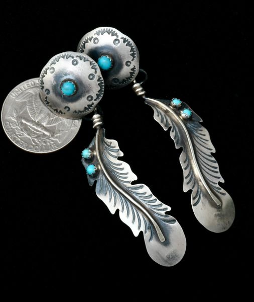 Satiny Sterling two-piece feather and concho turquoise earrings. SOLD! #1897