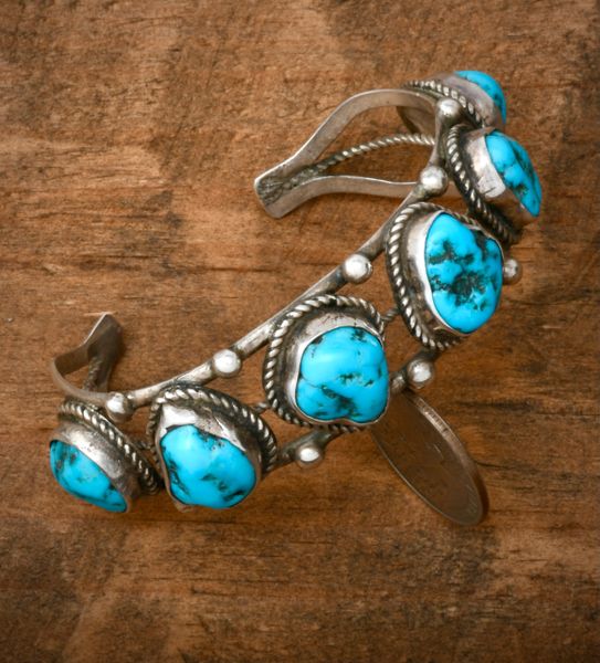 Older six-stone Sleeping Beauty turquoise Navajo cuff. SOLD! #1899