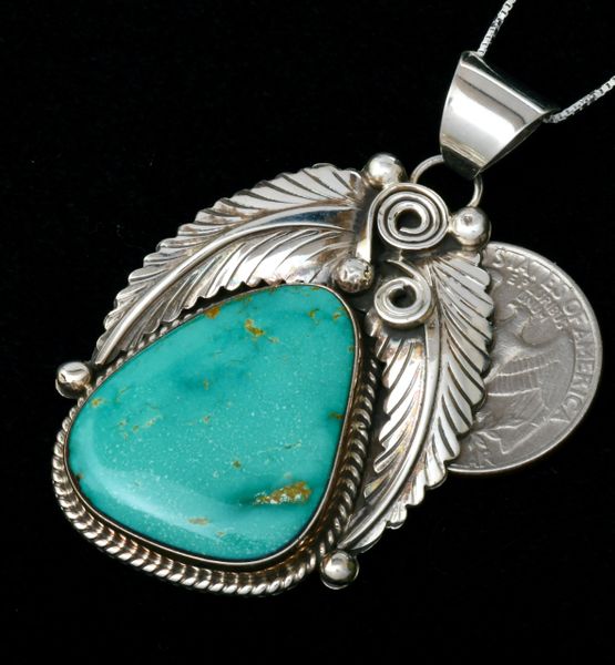 Traditional-design Navajo turquoise pendant by Robert Shakey, with chain. #1901