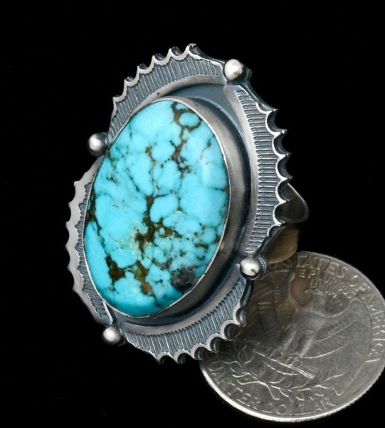 Finely-crafted size 7.75 Navajo old-style patina turquoise ring. #1913