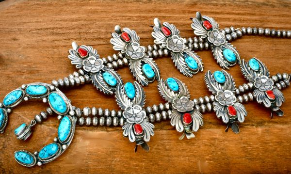 Magnificent older Navajo squash-blossom necklace with turquoise and Mediterranean red coral. #1914