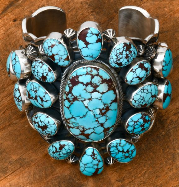 Aaron Toadlena heavy-silver Navajo cluster cuff with premium Egyptian turquoise. #1920