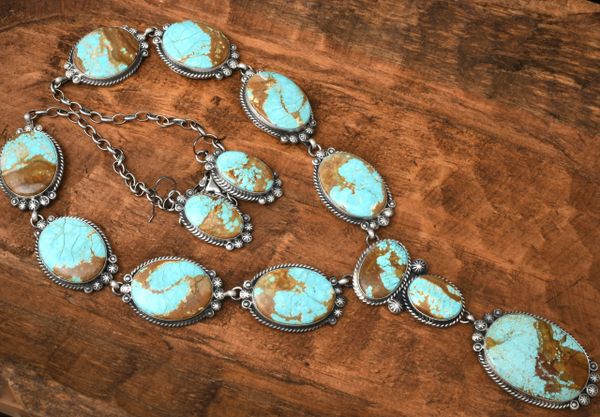 Custom-made 13-stone No. 8 Mine turquoise Navajo lariat necklace and earrings set, by Robert Shakey. #1923