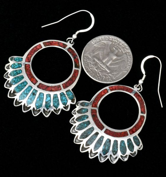 Dazzling chipped inlay turquoise and coral Navajo earrings. #1924