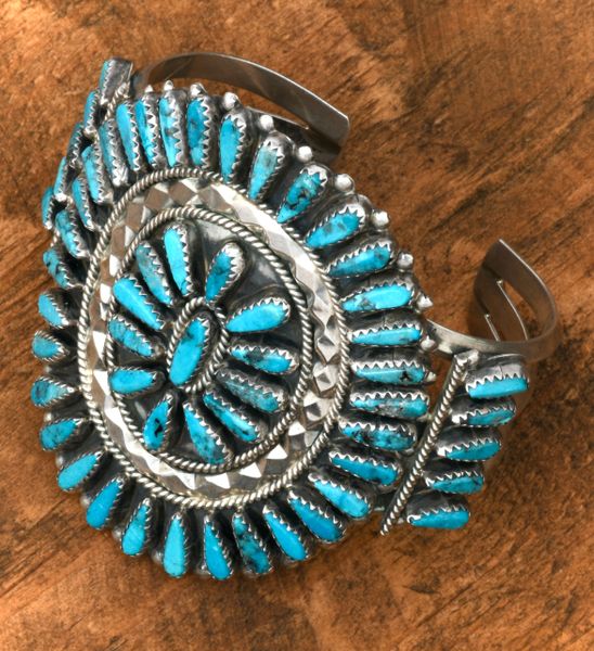Tommy Lowe dead-pawn Navajo cluster cuff with real (not compressed block!) Kingman turquoise. SOLD! #1929