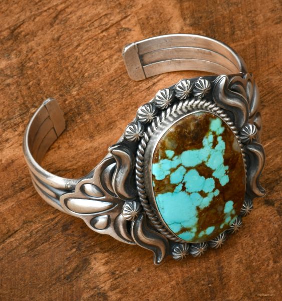 Ray Delgarito' No. 8 Mine turquoise Navajo old-style patina cuff with reverse-stamped repousse'. #1935