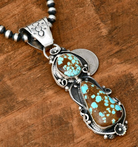 Longer two-stone No. 8 Mine turquoise Navajo pendant (shown with optional 6mm, 20-inch burnished Sterling 'Navajo pearl' bead chain). #1944