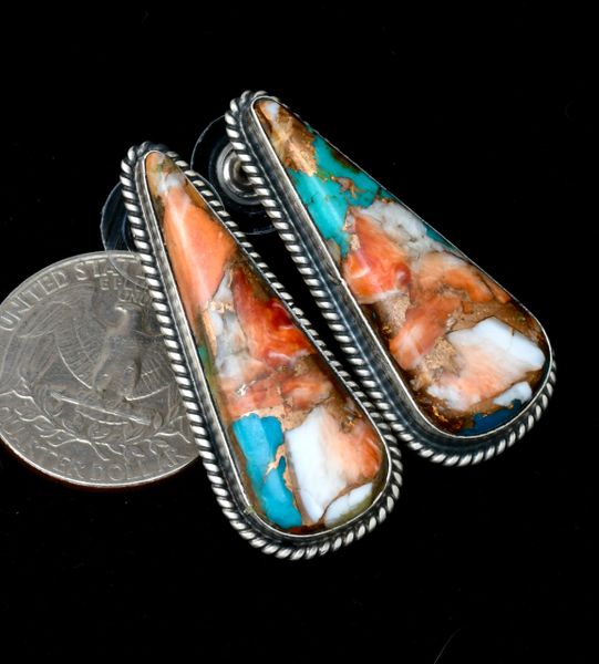 Elouise Kee' long and lean Navajo earrings with turquoise; spiney-oyster shell and bronze-mix. #1945