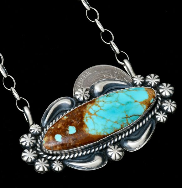 2.5-inch-wide colorful Kingman turquoise Navajo bar necklace with reverse-stamped repousse' and heavy duty chain. #1946