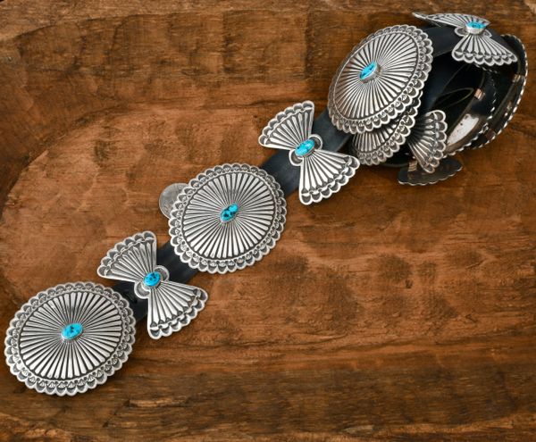 Sterling silver Navajo deep-stamped concho (12 conchos) belt with Sleeping Beauty turquoise by Leon Martinez. #1947