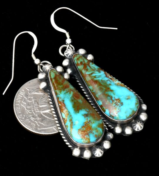 1.75-inch Navajo turquoise earrings with attractive copper matrix, by Augustine Largo. #1951