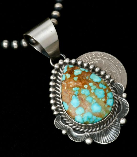 Exquisite No. 8 Mine turquoise Navajo pendant, by Mary Ann Spencer (shown with optional 4mm, 24-inch burnished Sterling bead chain). #1952