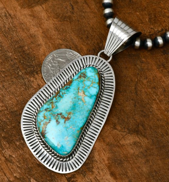 Larger Navajo pendant with Turquoise Mountain turquoise, by Mary Ann Spencer (shown with optional 6mm, 20-inch burnished Sterling Navajo 'pearls' bead chain). #1953