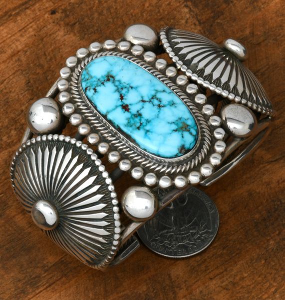 Heavy silver Rick Martinez Navajo cuff with high-end Kingman web turquoise and thick, hand-stamped Sterling conchos. #1956