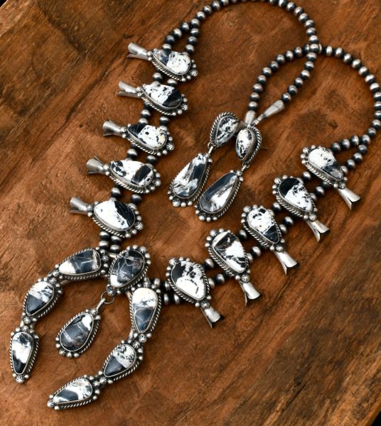 Sterling Navajo squash-blossom necklace with hand-picked, high-matrix white buffalo, and matching two-piece earrings. SOLD! #1002