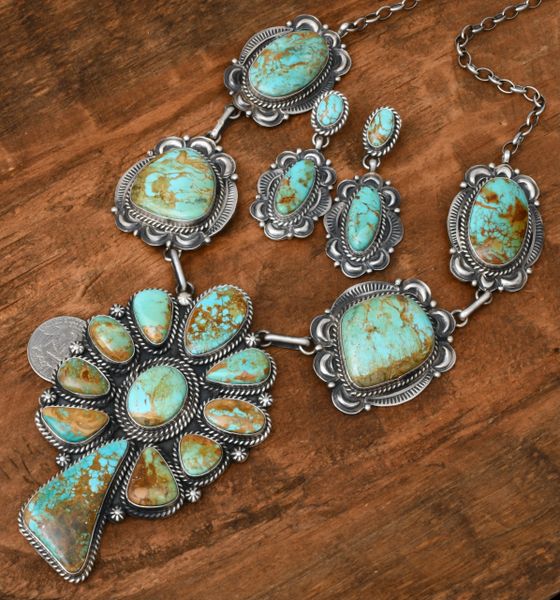 Large 19-stone cluster medallion Navajo pendant necklace and matching earrings, by Robert Shakey. #2059