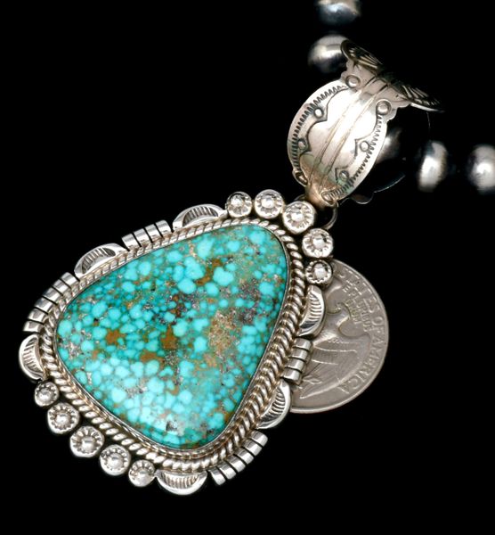 Navajo pendant with water-web Kingman turquoise, by Mary Ann Spencer. #2061