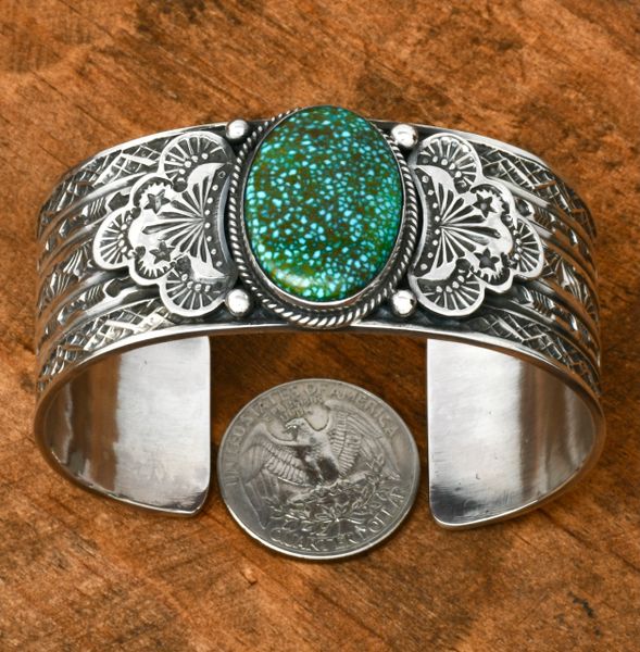 Sunshine Reeves' intricately-stamped Navajo cuff with elite micro-web Kingman turquoise. SOLD! #2062