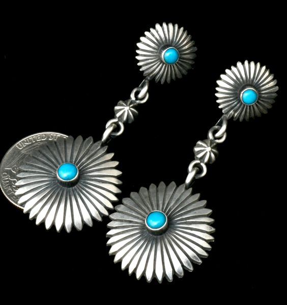 Two-piece satin patina concho-type earrings with turquoise centers, by Verley Betone. SOLD! #2079