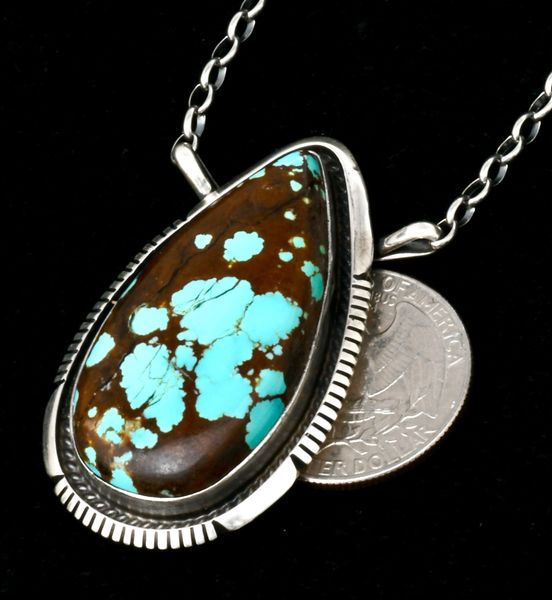 Teardrop-shaped turquoise bar necklace by Navajo artisan Alfred Martinez. #2088
