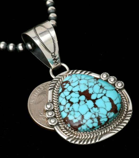 Navajo pendant with Egyptian turquoise by Phillip Yazzie. SOLD! #2090. Shown with optional 4mm, 16-inch burnished Sterling bead chain (aka 'Navajo pearls). #2090