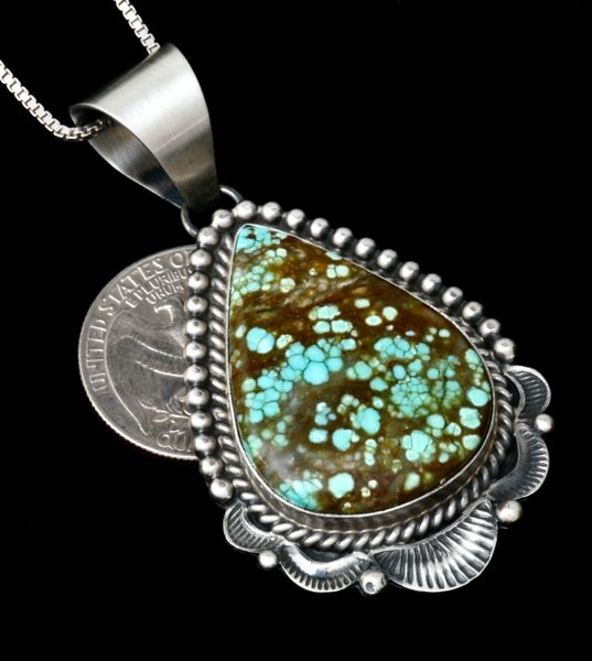 Mary Ann Spencer' old-style patina Navajo pendant (and chain) with No. 8 Mine turquoise. #2095