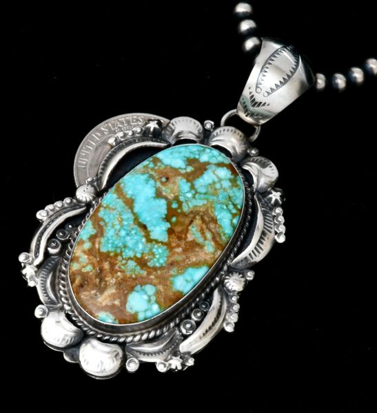 Navajo old-style patina pendant with No. 8 Mine turquoise, by the late Gilbert Tom (shown with optional 4mm, 24-in. bead chain). #2097