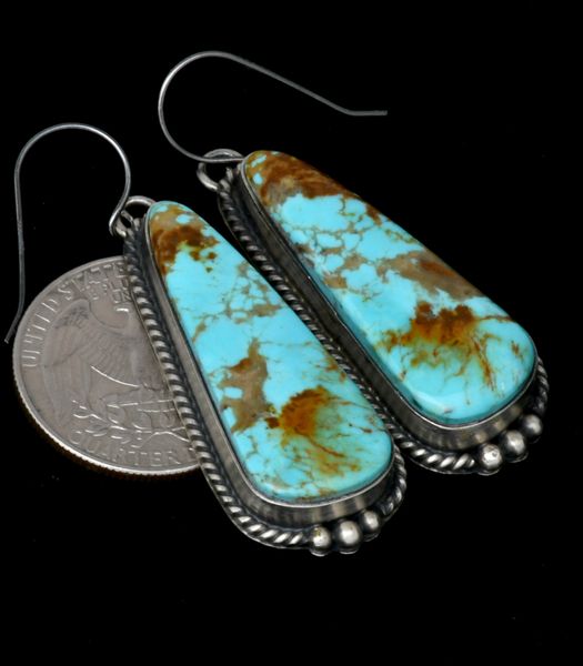 Longer Kingman turquoise earrings, by Navajo artisan Donovan Skeets. #2100