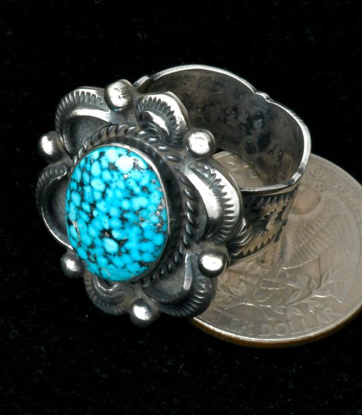 Wide band size 7.5 Navajo ring with black-web Kingman turquoise. #2105