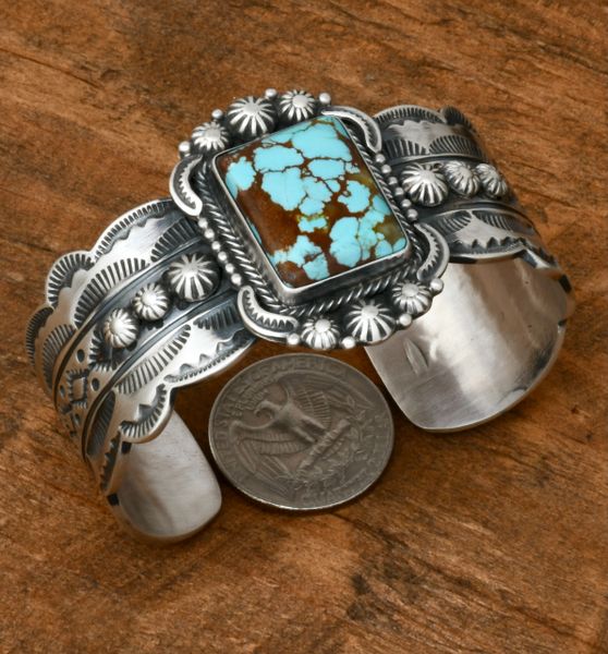 Bennie Ramone' scalloped-edge medium lady's size Navajo cuff with No. 8 Mine turquoise. SOLD! #2106