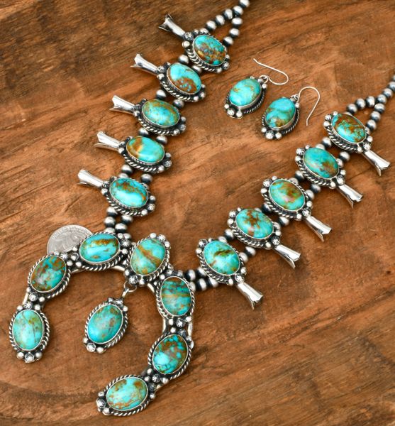 18-stone Kingman turquoise Navajo squash-blossom necklace (with matching earrings) by Augustine Largo. #2109