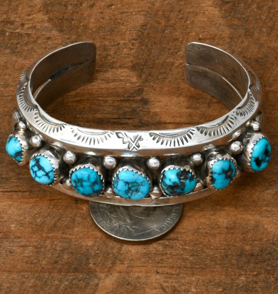 Smaller wrist-size, heavy silver, older Navajo turquoise row cuff, by J. Tso. #2112