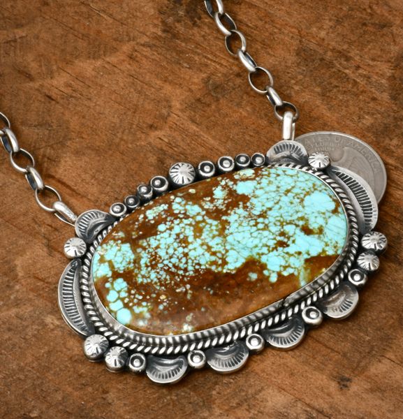 Gilbert Tom' large Navajo bar necklace with No. 8 Mine turquoise. SOLD! #2115