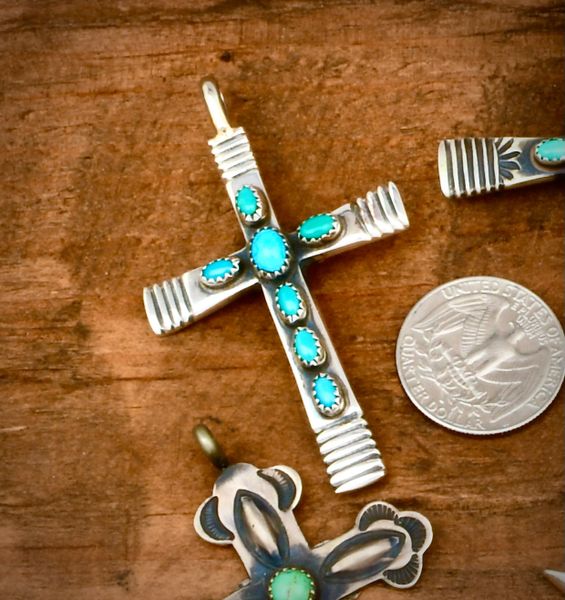 Reversible Sterling Navajo-made cross with turquoise (and a single coral piece on the reverse). SOLD! #2122