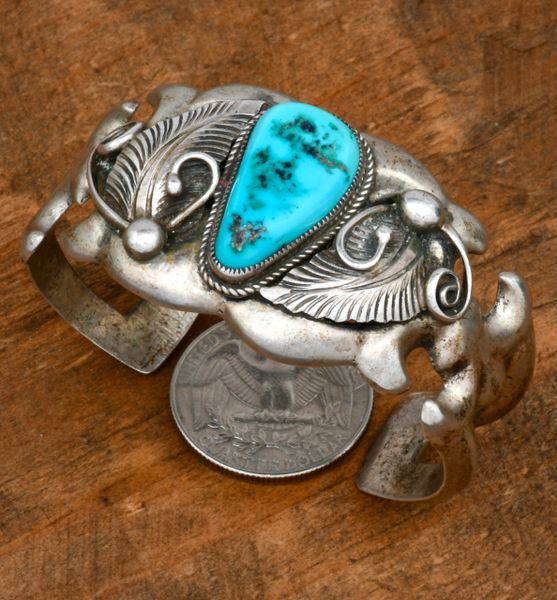 Older Navajo small wrist-size cuff with Sleeping Beauty turquoise. #2124