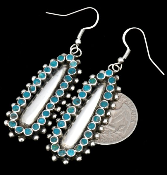 Elaborate Vincent Shirley Navajo earrings with Zuni-type inlay and Sterling "bump-out" centers. #2129
