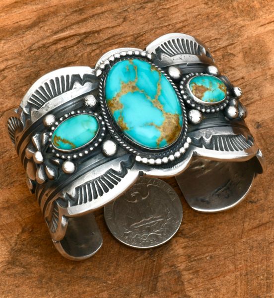 Gilbert Tom' deep-stamped, heavy silver Navajo trophy cuff. SOLD! #2133
