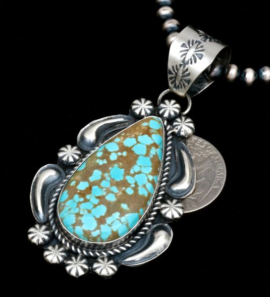 Old-style patina No. 8 Mine turquoise pendant with reverse-stamped repousse' by Navajo artisan Jeff James. #2135