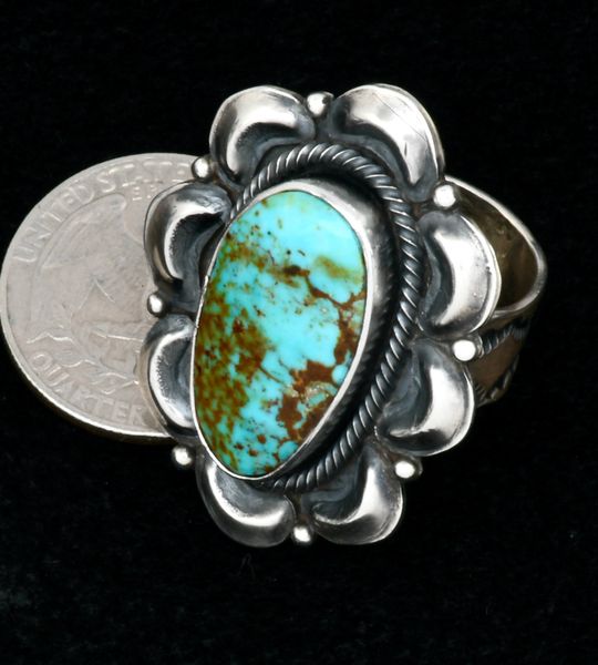 Navajo size 8.5 turquoise ring with reverse-stamped repousse' surround, Juanita Long. #2146