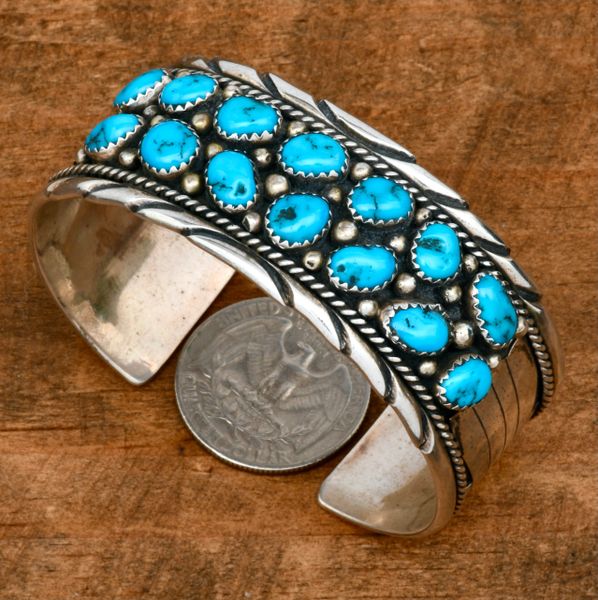 14-stone slightly older Navajo turquoise row cuff, by Irene Chiquito. SOLD! #2148