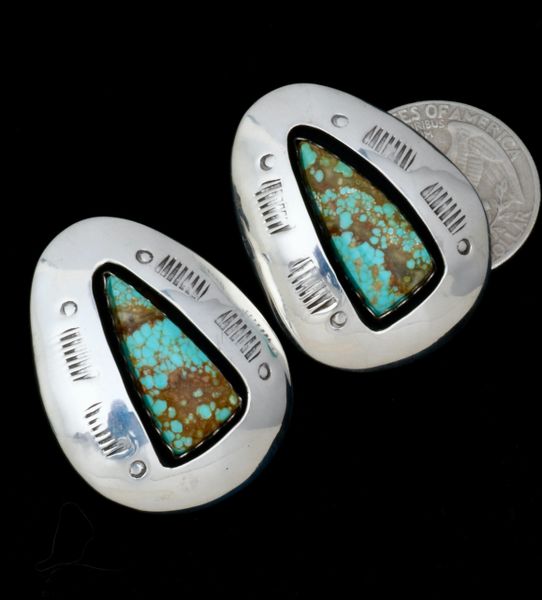 Classic Navajo shadowbox earrings with No. 8 Mine turquoise, by Lyanne Goodluck. #2149