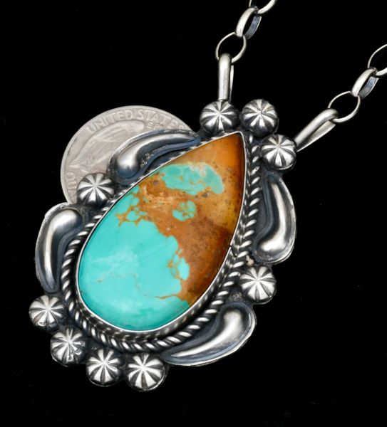 Kingman turquoise Navajo bar-style pendant with reverse-stamped repousse' by Jeff James. #2152