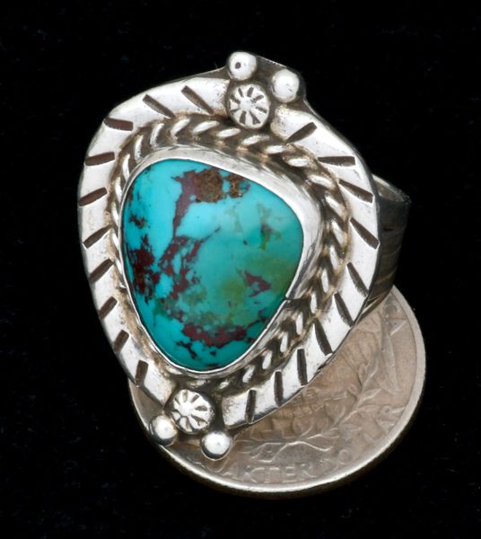 Older, substantially made Navajo size-9 turquoise ring. #2153