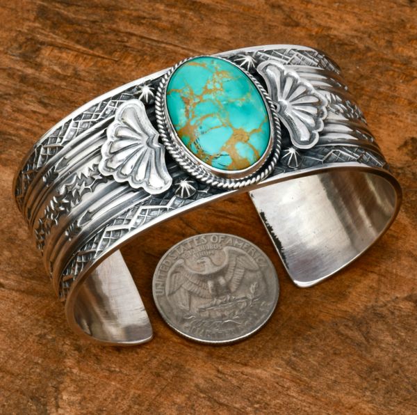 Sunshine Reeves' finely-stamped Navajo cuff with Royston turquoise. #2154