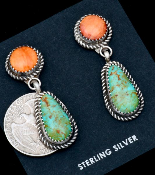 Two-piece turquoise and spiney-oyster Navajo earrings, by Judith Dixon. #2155