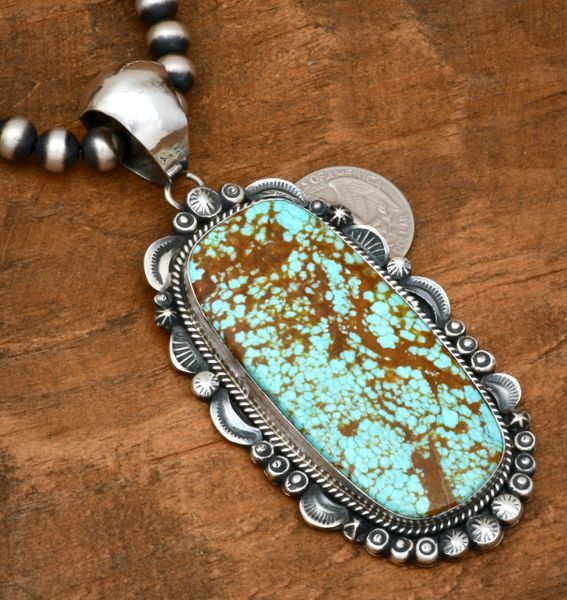 Large No. 8 Mine turquoise Navajo pendant by Gilbert Tom (shown w/optional 8mm, 20-in Sterling 'pearl' bead chain). #2157