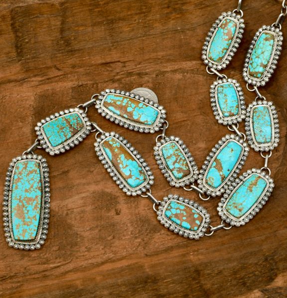 12-pendant lariat with No.8 Mine turquoise, by Navajo artisan Phillip Yazzie. #2163